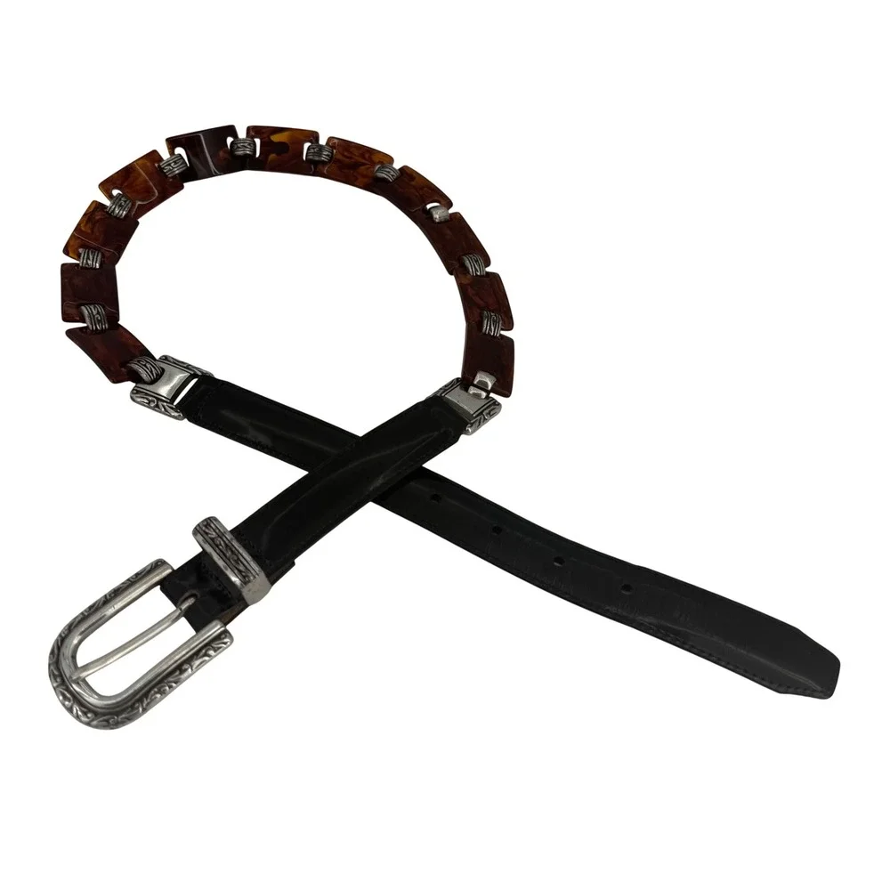 Brighton Black Leather Tortoise Link Belt Silver Scroll Buckle Boho Western Boho